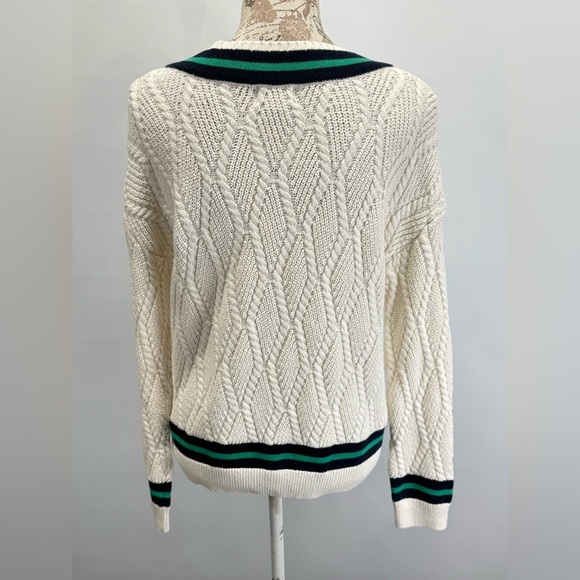 NICOLE MILLER Cream w/ navy & green trim V-Neck Cable Knit Sweater size M - Picture 5 of 12